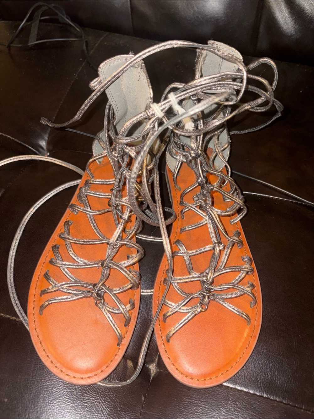 American Eagle Outfitters Orange Lace-Up Gladiator Sandals with Metallic Ties